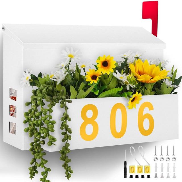 Wall-Mount Mailbox with Flag, Large Capacity Mailboxes for Outside House with Planter & 3 Sets of 0-9 Mailbox Number Stickers, Galvanized Steel Rust-Proof Post Box Metal Mail Box, 13.8"W*9.8"H*3.9"D