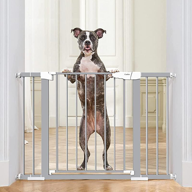 Mom's Choice Awards Winner-Cumbor 29.5-46" Auto Close Baby Gate for Stairs, Easy Install Pressure/Hardware Mounted Dog Gates for The House Indoor, Easy Walk Thru Wide Safety Pet Gates for Dogs, Gray