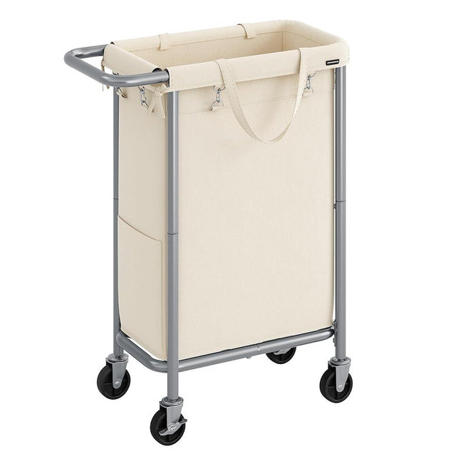 SONGMICS Laundry Basket with Wheels, Rolling Laundry Hamper, 23.8 Gallons (90L), Removable Liner, Steel Frame with Handle, Blanket Storage, 24 x 11.4 x 31.9 Inches, Cream White URLS003W01