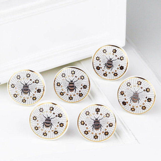 Indian Shelf 6 Pieces Premium Gold Knobs Bumble Bee Drawer Knobs Exclusive Bee Dresser Pulls Honey Bee Cabinet Knobs Ceramic Kids Knobs Unique Cabinet Knobs