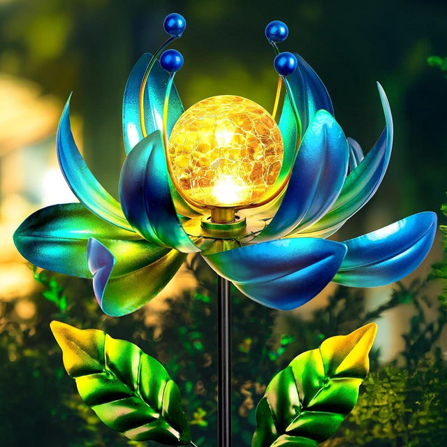 Solar Wind Spinner Outdoor Metal - Kinetic Lotus Flower Garden Sculptures & Spinners with Crackle Glass Lighting, 360° Spinning Yard Art Decor for Patio, Lawn, Pathway, Gifts for Women
