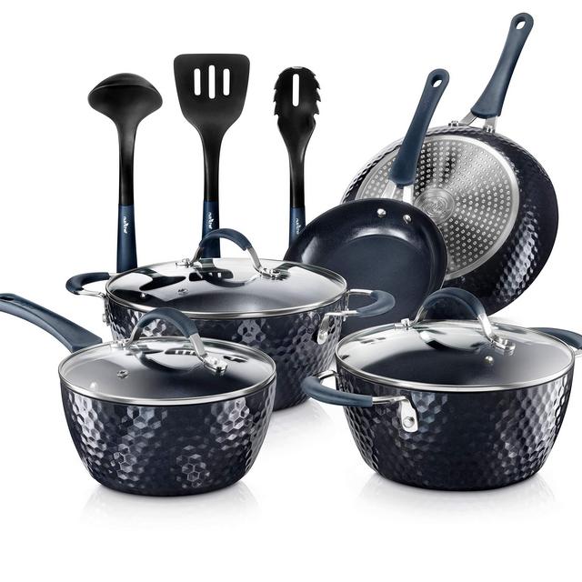 Nutrichef Nonstick Cookware Excilon Home Kitchen Ware Pots Pan Set with Saucepan Frying Pans, Cooking Pots, Lids, Utensil PTFE/PFOA/PFOS free, 11 Pc, Blue Diamond