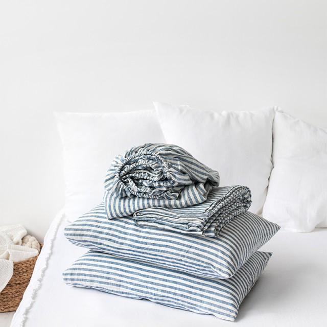 Striped in blue linen sheet set (4 pcs)