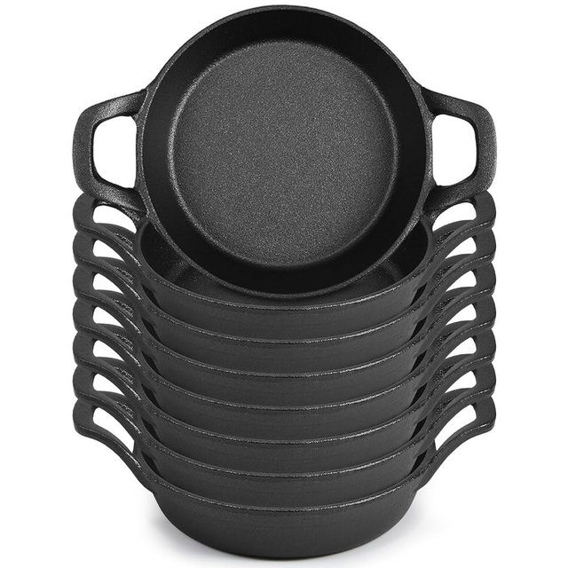 Ziliny Mini Cast Iron Skillets 6.3 x 6.3 x 1.5 Inch Cast Iron Pan Small Ramekin Set Black Casserole Dish Cookware Oven Safe Mini Skillets for Kitchen Indoor Outdoor Picnic (8 Pack)