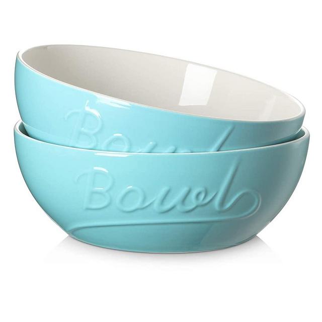 DOWAN 9.6" Large Serving Bowls, 95 oz Big Salad Bowls, Porcelain Fruit Bowl Set of 2, Ceramic Mixing Bowls, Microwave & Dishwasher Safe, Deep Soup Bowl for Kitchen, Turquoise