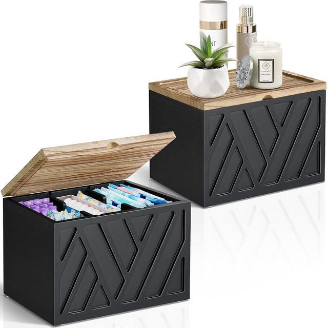 2 PCS Tampon Holder for Bathroom Decor, Feminine Product Organizer with Lid, Shark Week Tampon Storage, Wood Pad and Tampon Organizer for Toilet Organizer, Bathroom Accessories Box for Girl Stuff