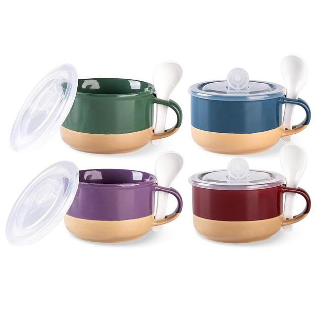 GBHOME Ceramic Soup Mugs with Handles and Lids,24 OZ Soup Cups Set of 4 with Terracotta Underside,Mug Bowls with Spoon for Soup/Cereal/Salad/Noodles/Ramen/Microware &Dishwasher Safe-Multicolor-2