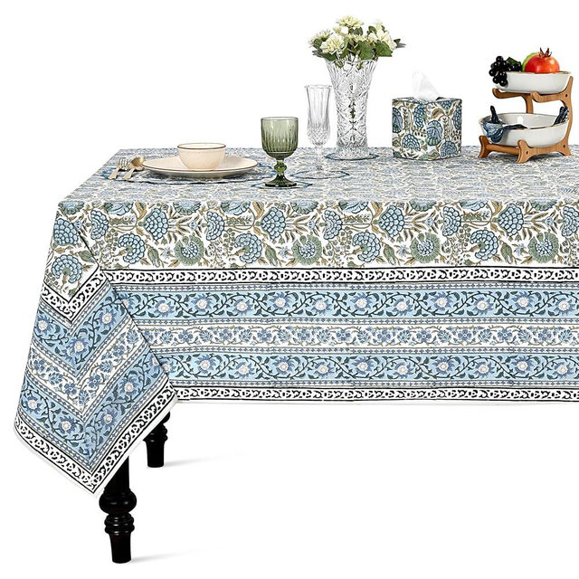 Ridhi Hand Block Print Asparagus Green Rectangle Cotton Tablecloth 108" x 70" Reusable Table Cover Decorative Everyday Use for Dining, Farmhouse, Home Gift for Spring, Easter, Valentine