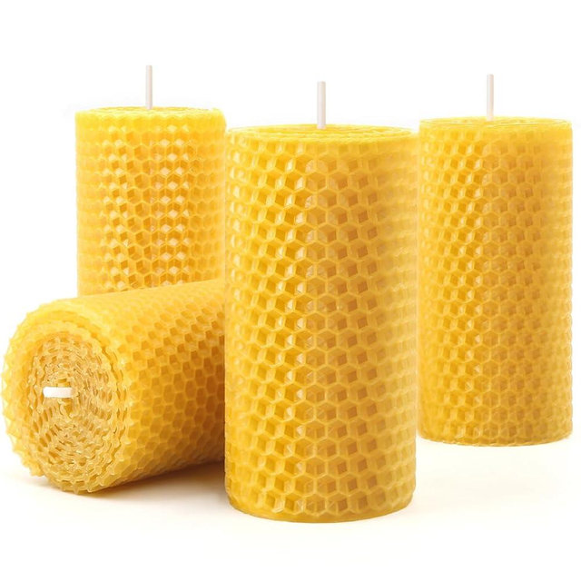 Hand-Rolled Beeswax Candles, 4 Packs, Handcrafted Honeycomb Beeswax Pillar Candles, Natural Bee Farm Gifts for Candle Lovers,Home Decor, Air Purify (2x4 in)