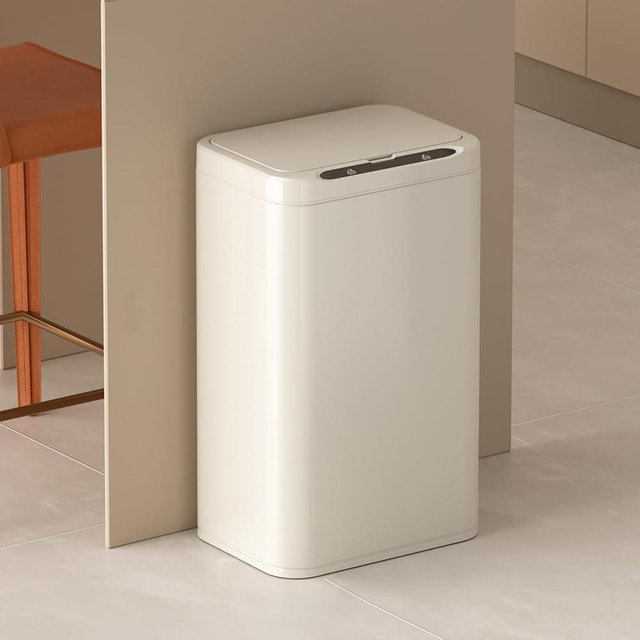ELPHECO Stainless Steel Office Trash Can Motion Sensor Garbage Can Touchless Smart Trash Can Automatic Waste Bin for Kitchen, Office, Bathroom (Cream Beige, 6.6 Gallons), 3AA