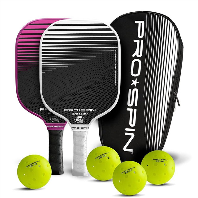 PRO SPIN Pickleball Paddles - USAPA-Approved Graphite Carbon Friction Surface Paddle - Set of 2 has Indoor/Outdoor Balls, Bag for Equipment & Accessories - Pickle Ball Gift for Women, Men, Kids
