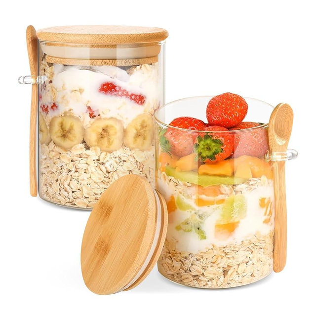2 Pack 25oz Large Overnight Oats Containers with Lids, Overnight Oats Jars with Spoons, Glass Jars with bamboo Lids,salad jars with lids meal prep for Chia Seed Pudding Yogurt Cereal Coffee Flour