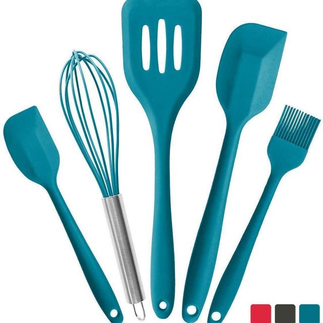 StarPack Premium Silicone Kitchen Utensils Set (5 Piece) - High Heat Resistant to 600°F, Hygienic One Piece Design Large and Small Spatulas, Whisk & Basting Brush (Teal Blue)