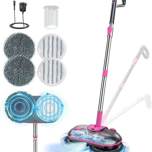 Cordless Electric Spin Mop with Water Sprayer, 300ml Tank Self-Propelled Floor Cleaner for Hardwood & Tile, Quiet Cleaning, Adjustable Handle, 2500mAh Long-Lasting Battery, Pink