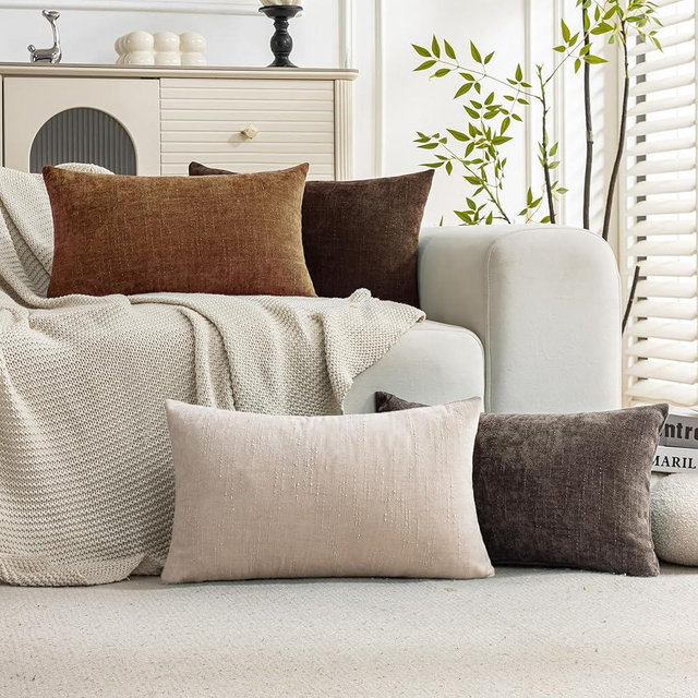 Cozoomy Set of 4 Soft Textured Decorative Throw Pillow Covers 12X20 Inch Cozy Farmhouse Cushion Cover Square Accent Pillow Cases for Bed Couch Sofa Living Room, Beige Taupe Brown