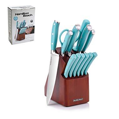Hamilton Beach HDO601 14 piece Cutlery wood block, Teal handles, Stainless Steel Knife Set, Blue