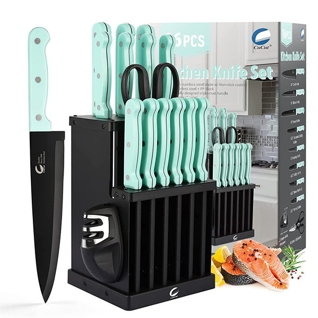 CuCut Knife Set, 16 Pieces Dishwasher Safe Kitchen knives with Steel Block, Include Rivet Handle Knives & Magnetic Knife Sharpener & All-purpose Scissors