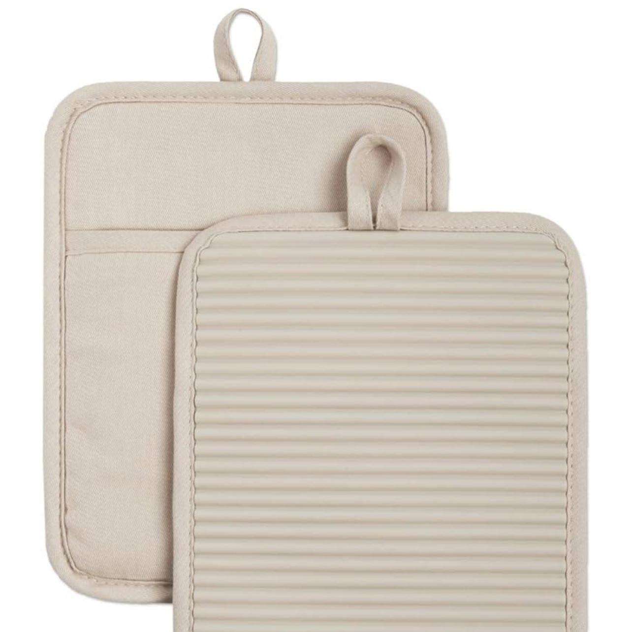 KITCHENAID Ribbed Soft Silicone Pot Holder 2-Pack Set, 7"x9", Milkshake Tan