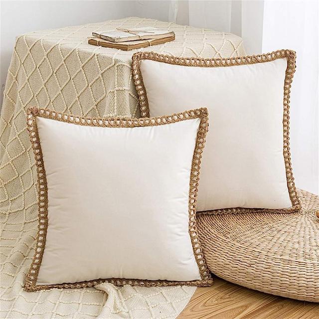AQOTHES Pack of 2 Velvet Decorative Farmhouse Burlap Trimmed Tailored Edges Decor Pillow Cover Cushion Throw Pillows for Couch Sofa, 18 x 18 Inch, Beige