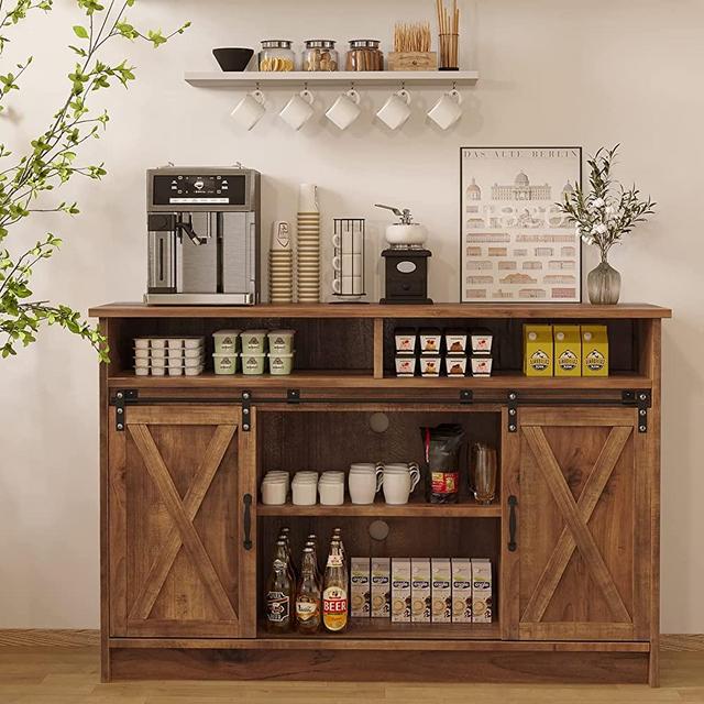 Farmhouse Coffee Bar Cabinet with Sliding Barn Doors, Rustic Brown Buffet Storage Sideboard Cabinet with 4 Adjustable Shelves for Kitchen, 52" Credenza Sideboard with Storage Cabinet for Dinning Room