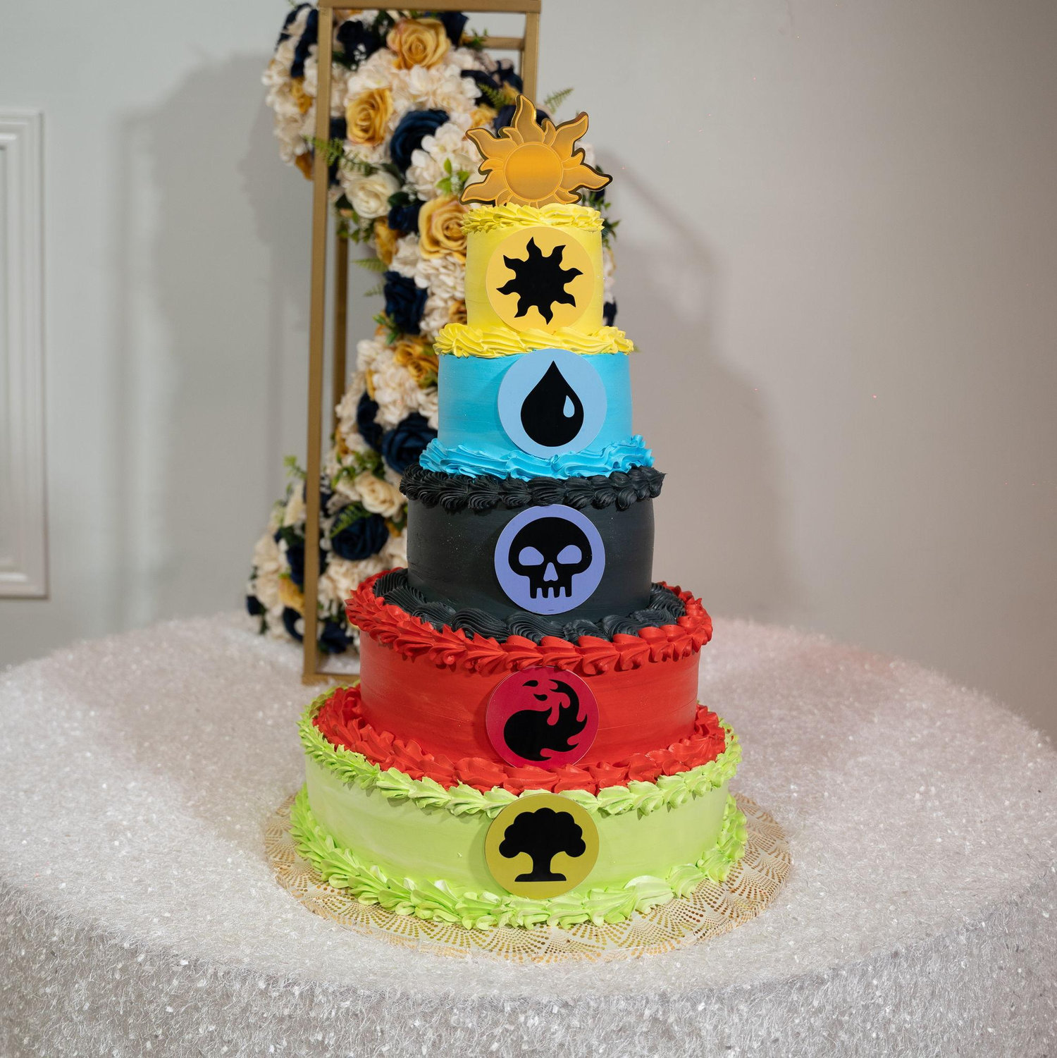 Our “Magic: The Gathering” themed wedding cake was a surprise for Jacob. My husband introduced me to this game and I love spending the evening (and late into the night) playing together. -Joyce