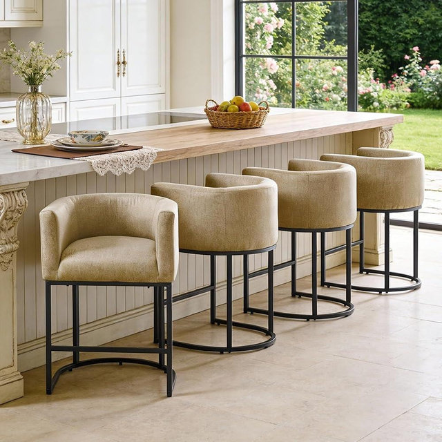 ClinQ 26" H Counter Height Bar Stools Set of 4 Modern Barrel Counter Stools with Backrest and Arms, Black Metal Frames,Linen Fabric Upholstered Accent Barstools for Kitchen Island, Camel