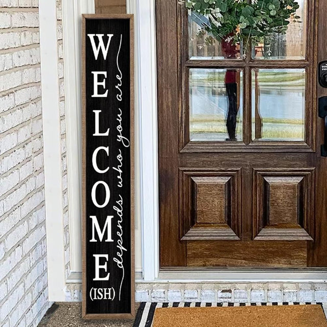Welcome-ish Sign for Front porch Standing 45"X9" Wooden Frame Large Outdoor Welcome Tall Vertical Funny Signs Decor for Modern Rustic Farmhouse Home Outside Door Wall Decorations (Wood Black)