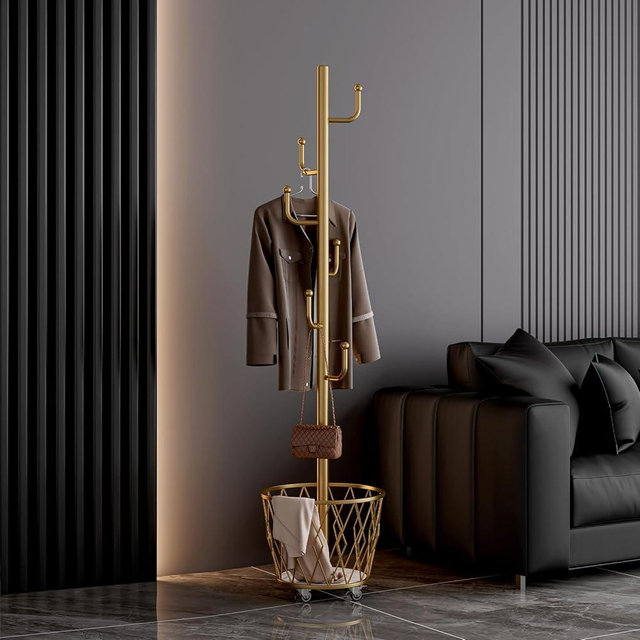 SYO Portable single-pole coat rack with 6 hooks and storage basket; floor-standing coat rack for bedroom and hallway; casters for easy movement; modern minimalist design.