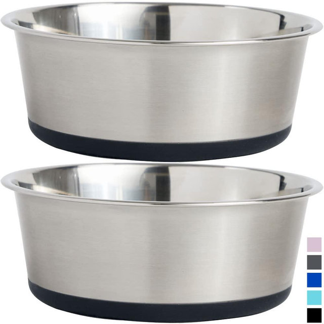 Gorilla Grip Stainless Steel Metal Dog Bowl Set of 2, 6 Cups, Rubber Base, Heavy Duty, Rust Resistant, Food Grade BPA Free, Less Sliding, Quiet Pet Bowls for Cats and Dogs, Dry and Wet Foods, Black