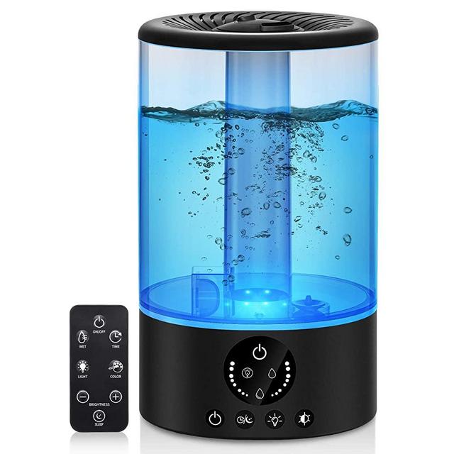 Cool Mist Humidifier, Ultrasonic Humidifiers for Bedroom Baby, 3L Large Humidifier w/ Remote Control, 7 Colors Night Light 6 Dimmer Adjustable Mist Levels, Timer, Auto Shut-Off for Large Room, Black