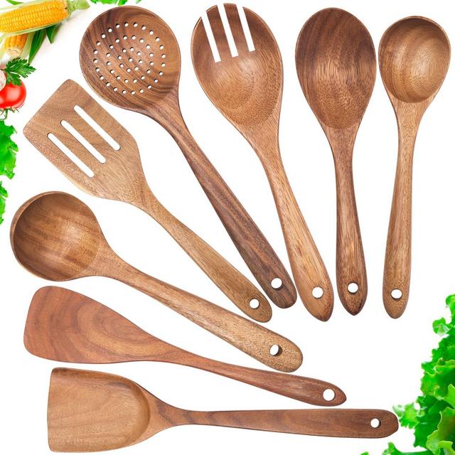 Wooden Spoons for Cooking,Nonstick Kitchen Utensil Set,Wooden Spoons Cooking Utensil Set Non Scratch Natural Teak Wooden Utensils for Cooking(Teak 8 Pack)