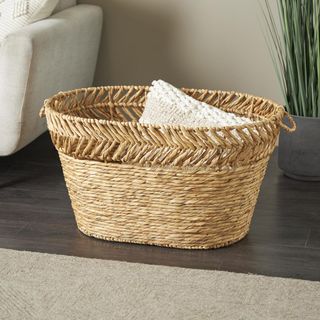 Seagrass Large Woven Oval Storage Basket with Zig Zag Rim