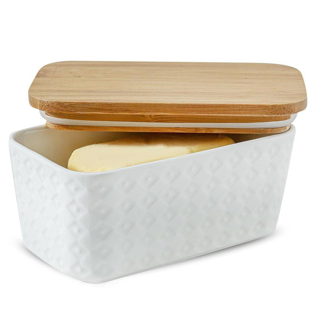 Tikooere Ceramic Butter Dish with Lid,Large Butter Container with Airtight Cover for Countertop or Refrigerator,Farmhouse Butter Holder for Kitchen Gifts,Dishwasher Safe,White Embossed Pattern