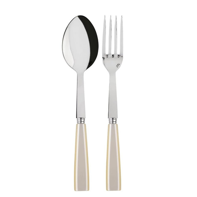 SABRE PARIS - 2-Piece Serving Set - Icône Collection - Large Fork & Large Spoon - Stainless Steel & Acrylic - Dishwasher Safe - Pearly White