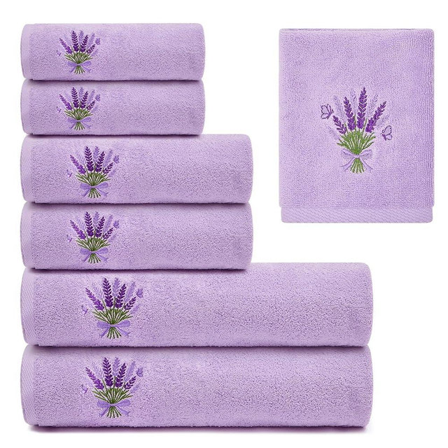Peryiter 6 Pack Cotton Lavender Bath Towels Set Purple Flower Embroidered Towels for Bathroom, Soft and Absorbent, Contains 2 Bath Cloth, 2 Hand Cloth and 2 Washcloths
