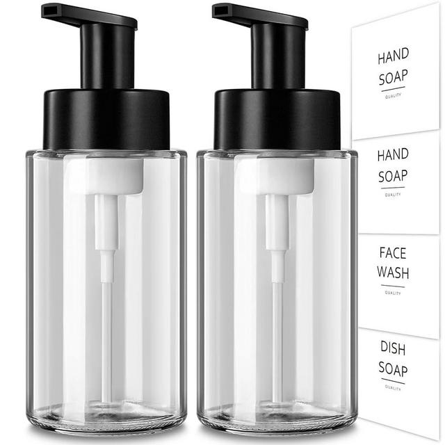 RYTOXILO Foaming Soap Dispenser, 12 Oz Glass Foaming Soap Dispenser, 2 Pack Clear Foam Hand Soap Dispenser for Bathroom & Kitchen, Refillable Foaming Soap Dispenser Pump Bottle with Waterproof Labels