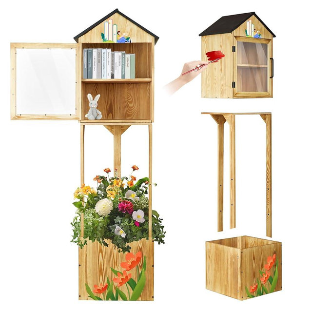 KFURNIKN Little Library Box Outdoor,Small Wooden Library Box for Sharing Books,Newspapers,Flyers,2-Tier Little Book Cabinet for Community School