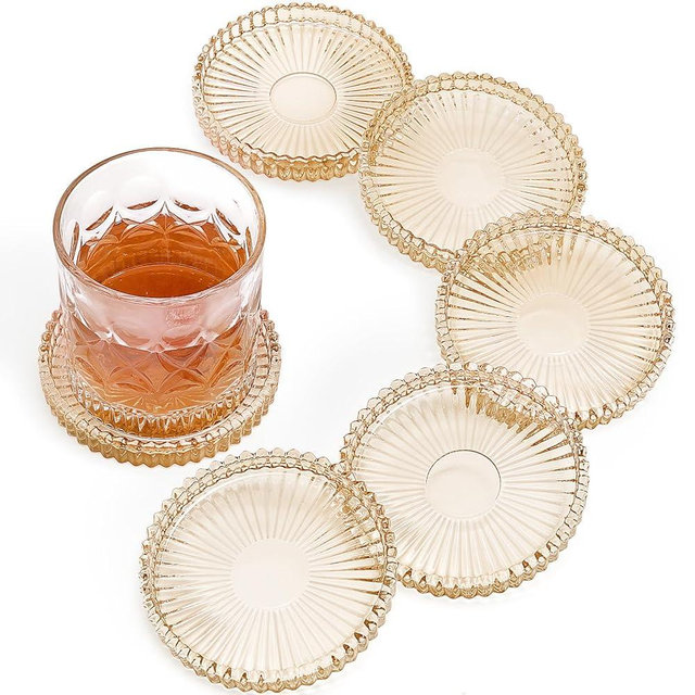 Modern Glass Coasters, GOH DODD Set of 6 Crystal Coasters Tabletop Protection for Drinks, Home Decor, Kitchen, Living Room, Patio, Wedding, Party, Housewarming Gifts, Amber
