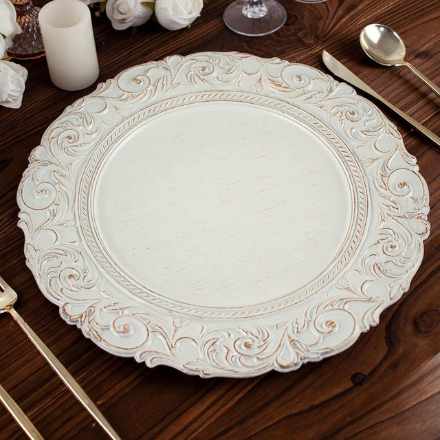 Efavormart Set of 6 Antique White/Gold 14" Round Plastic Charger Plates With Engraved Baroque Design Rim For Wedding Party Events