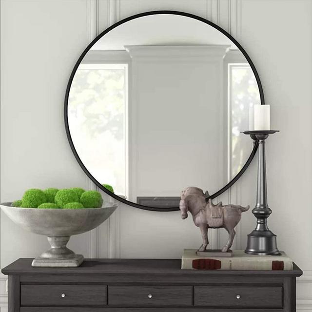 IPOUF Round Mirror,Wall Mirror with Metal Frame ,24 Inch for Vanity Washrooms Bathroom Entryway Living Room,Black