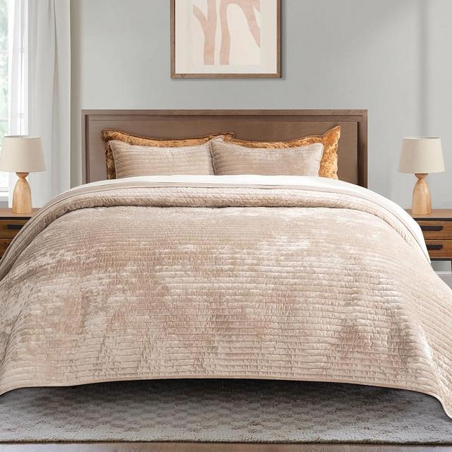 EVERGRACE Velvet Quilt Set King Size, Luxurious Soft Striped Channel Bedding Set, Lightweight Velvet Comforter for All Season, Oversized Bedspread Coverlet with 2 Matching Shams, Beige Taupe