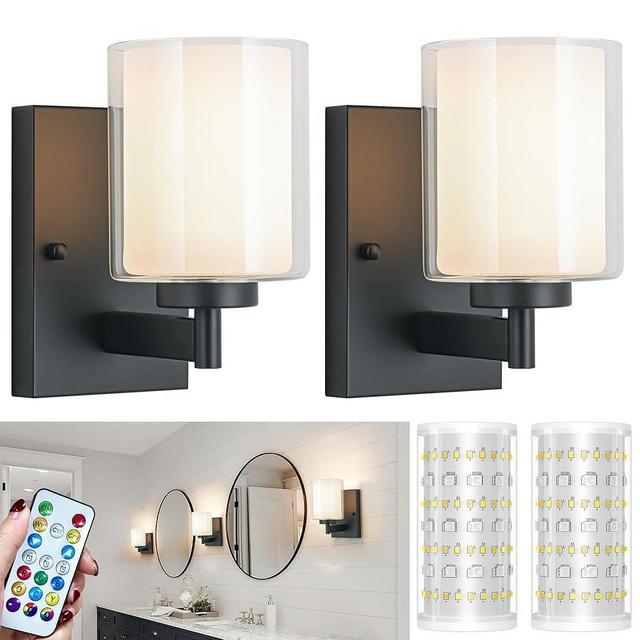 Battery Operated Wall Sconce Set Of 2, 10000mAh Wireless Rechargeable Wall Sconce With Remote Control, RGB Dimmable Bathroom Light Fixtures With Double Clear Glass Shade For Mirror Bedroom Living Room