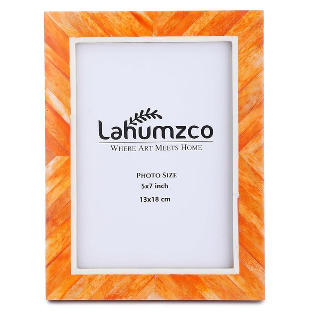 Lahumzco Handmade Picture Photo Frame Chevron Herringbone Art Inspired Vintage Table-Top/Wall Décor Boho Frames (5x7 Inches, Orange, White)