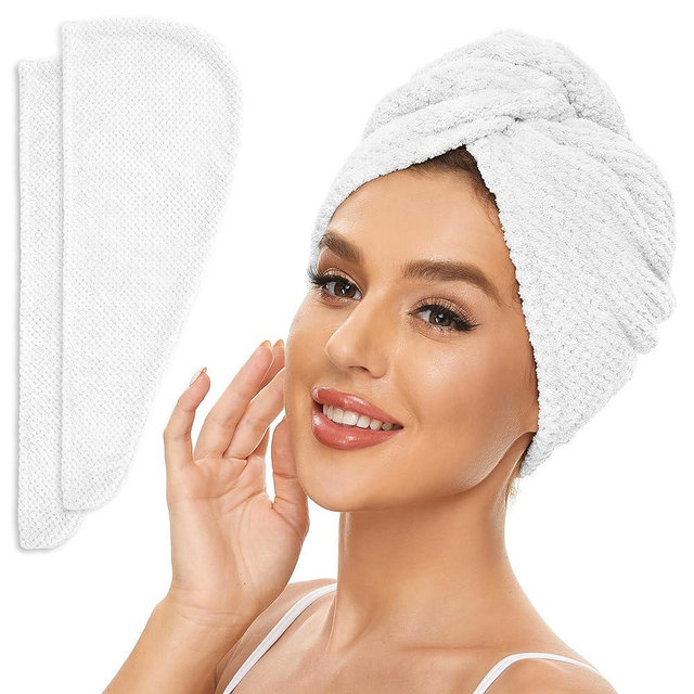 Microfiber Hair Towel for All Hair Style, 2 Pack Quick Drying Hair Turban - Perfect for Women, Men and Kids (Bright White)