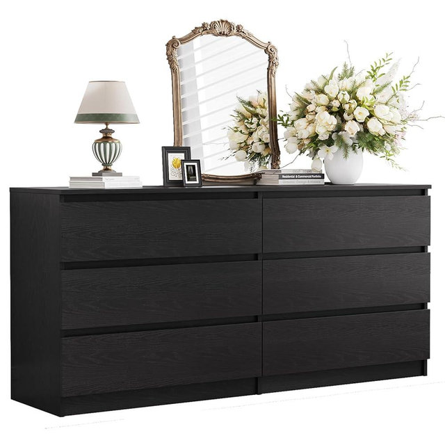 Angel Sar Modern 6 Drawer Black Dresser for Bedroom, 59'' Wood Long Dresser with Handless Design, Thickened Back Panel, Stable & Sturdy Base, Wide Chest of Drawers for Bedroom