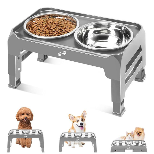 COMESOON Elevated Dog Bowls for Small Medium Dogs, 3 Height Adjustable Raised Stand with 2 Thick 6" Stainless Steel Food Bowls, Non-Slip Feeder Adjusts to 2.75", 6", 7.5", Grey