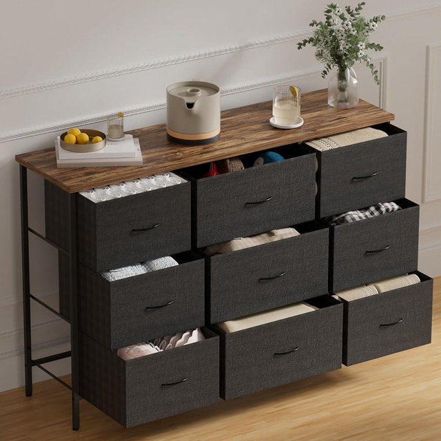 VASICAR Wide TV Stand for Bedroom, Dresser with 9 Deep Drawers, Fabric Storage Cabinet, Modern Chest of Drawers for Closet, Nursery, Living Room（Black）
