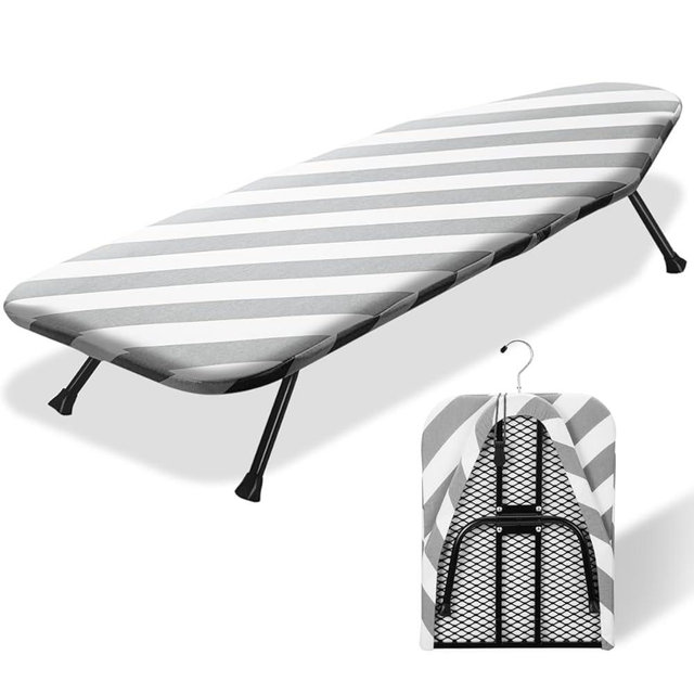 SheeChung Small Ironing Board 12"x32" Foldable Ironing Board with Cotton Cover and Pad,Tabletop Compact Ironing Broad with Retractable Hook & Skidproof Feet for Small Spaces Laundry Room-Gray Update