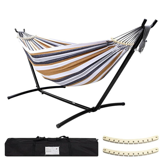 SZHLUX Double Hammock with Stand Included 450lb Capacity Steel Stand, Premium Carry Bag Included and Two Anti Roll Balance Beam, Portable Hammock with Stand for Backyard, Camping,Garden Brown Stripes