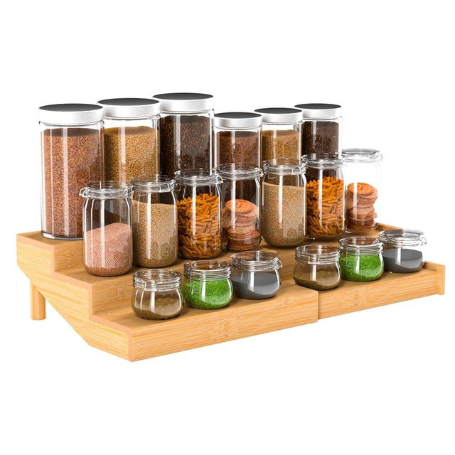 Youpehom Spice Rack, Bamboo Spice Rack Kitchen Cabinet Organizer Expandable - Bamboo 3 Tier Figurine Display Shelf, Adjustable Magnetic 4 Tier Spice Racks (Adjustment style)